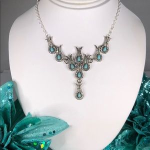Silver necklace with turquoise and rhinestones